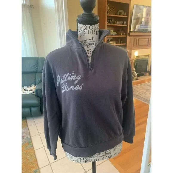 Vintage THE ROLLING STONE Women Quarter Zipper Cropped Sweatshirt Big Logo on Ba - Picture 3 of 7